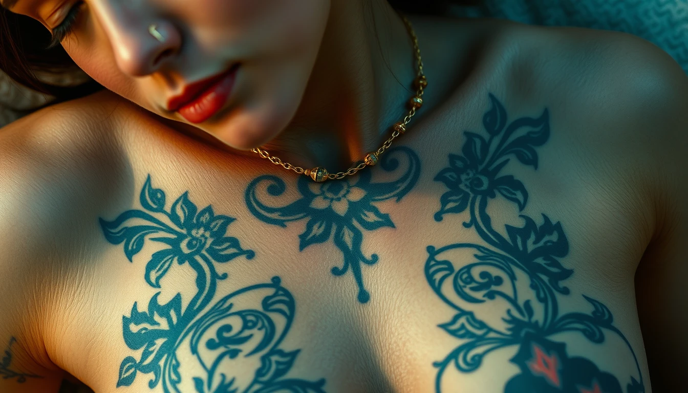 Close-up view of the tattooed chest of a white-skinned Korean Indian woman with beautiful facial features, blue eyes, wearing gold ornaments, laying down with her face hanging down.