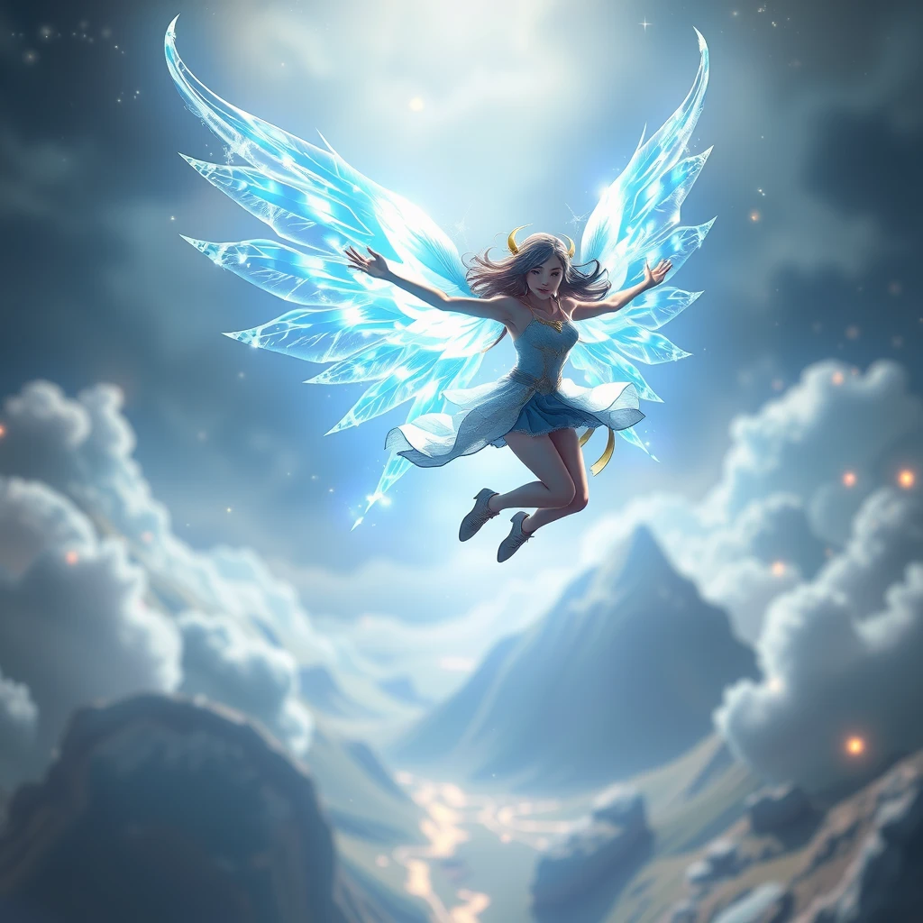 The heroic girl leaped lightly into the air, with a pair of wings made of energy spread out behind her, sparkling with blue light. She soared freely in this magical world, exploring unknown territories. Picas style, 3D rendering, ultra-high definition picture quality, 38k, - niji 6- v 6. - Image