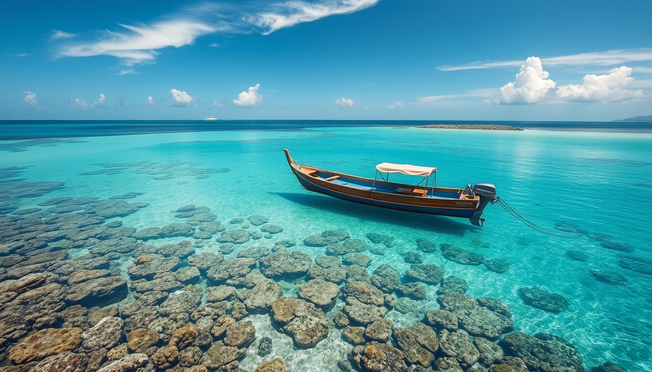 A tranquil beach with a glass-bottomed boat floating over a coral reef.