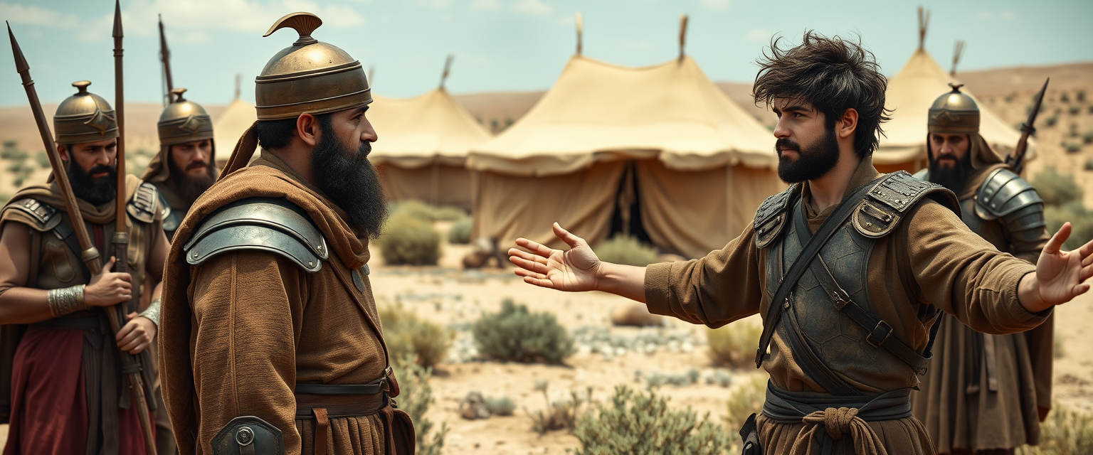 Create a scene of two men standing apart and arguing while four soldiers gather beside the man on the left. The man on the right is a young Jewish man with his arms stretched out to the sides, looking shocked. He has dark, messy, unkempt hair and a beard, dressed in a simple biblical-era shepherd's tunic, and is looking sternly at the left eye of the other man. The other man appears to be a middle-aged Jew with a black beard, wearing a full suit of biblical-era leather lamellar armor and a brass conical helmet with a pointed tip. In the background, Arabic army tents are pitched on a desert shrub land. The overall mood of the image is one of anxiety and concern.