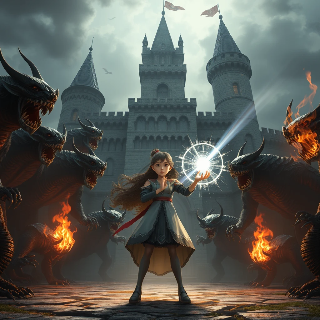 In front of an ancient castle, a group of dark creatures emerged. They came in various shapes, some with sharp claws, while others spewed out blazing flames. The heroic girl was fearless. She clasped her hands together and recited a mysterious spell. In an instant, a powerful light shot out of her hand, illuminating the entire battlefield. The dark creatures roared in pain under the illumination of the light, but the girl did not stop. She recited a spell and released a magic circle, continuously unleashing her powerful energy to defeat the dark creatures one by one. Picas style, 3D rendering, ultra-high definition picture quality, 36k, -- niji 6.