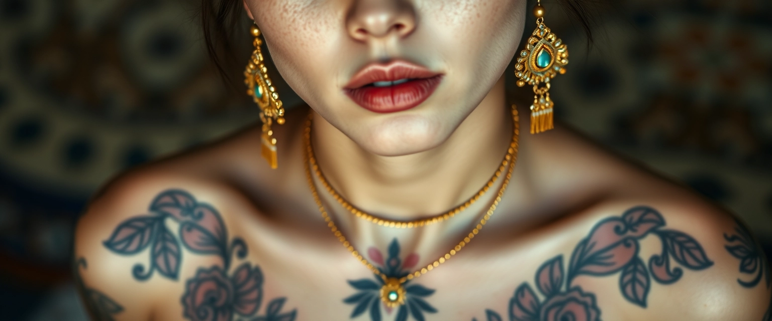 Close-up view of a tattooed chest of a Korean-Indian woman with white skin, beautiful facial features, and blue eyes, wearing gold ornaments and looking up. - Image