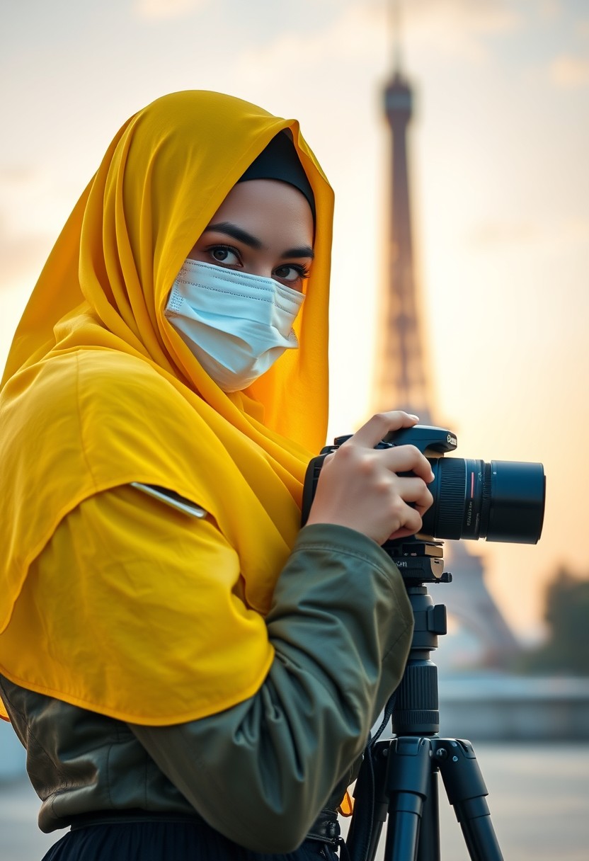 Biggest hijab yellow Muslim girl, beautiful eyes, face mask black, green army leather jacket, biggest skirt, camera dslr canon, tripod, taking photos of Eiffel Tower, sunrise, morning scenery, hyper realistic, street photography. - Image