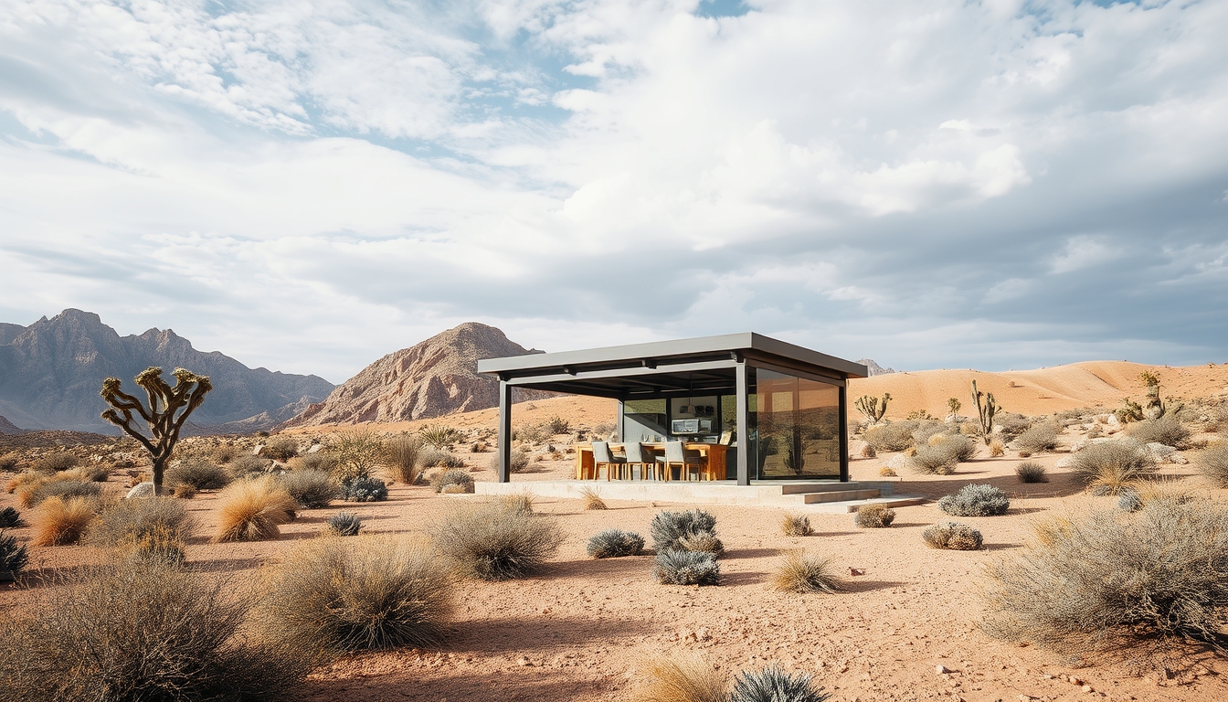 A dramatic desert landscape with a glass pavilion offering shade and shelter.