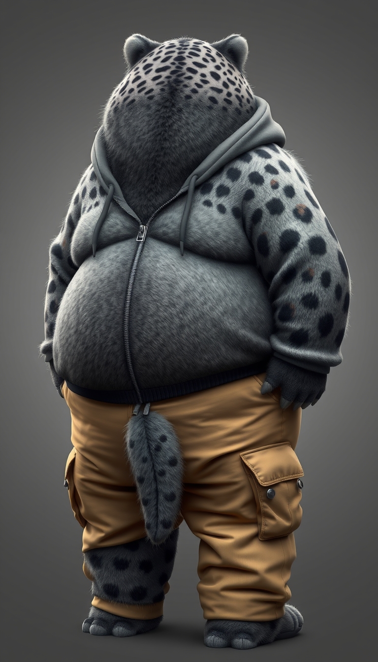 Quarter view, anthropomorphic obese gray bear leopard hybrid, blended features. Gray and black fur with tan and white fur markings. He has a heavyset body, wide fat bottom, and fat wide double chins. Tan cargo pants and zip-up hoodie. Full body, uncropped. Fluffy fur. Digital art, semi-realistic.