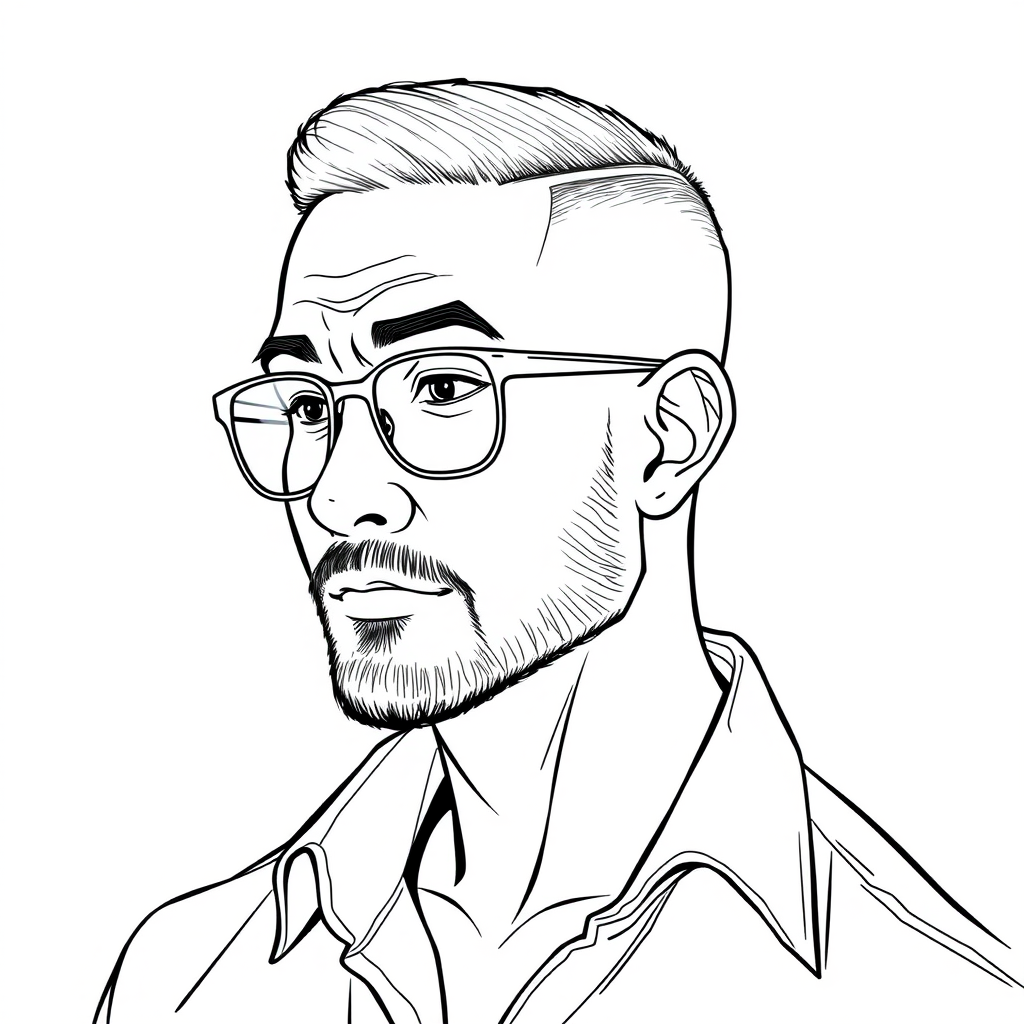 "Create a cool line drawing of a man around 35 years old, slightly facing to the right, with a crew cut and a strong build. He is Asian, wearing framed glasses, has a slight beard, and is dressed in a shirt. He has a bit of a rogue charm, yet also shows some refinement." - Image