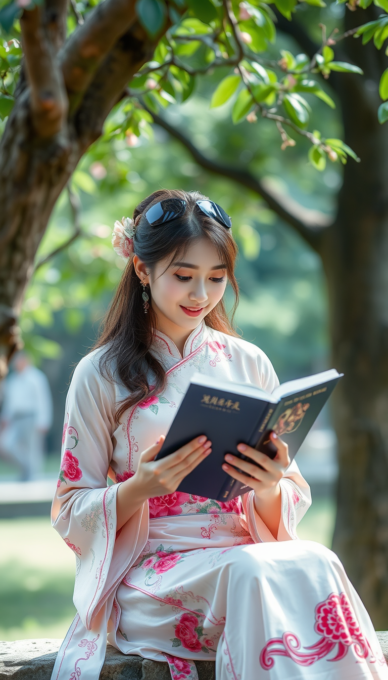 A Chinese beauty is reading a book under a tree.