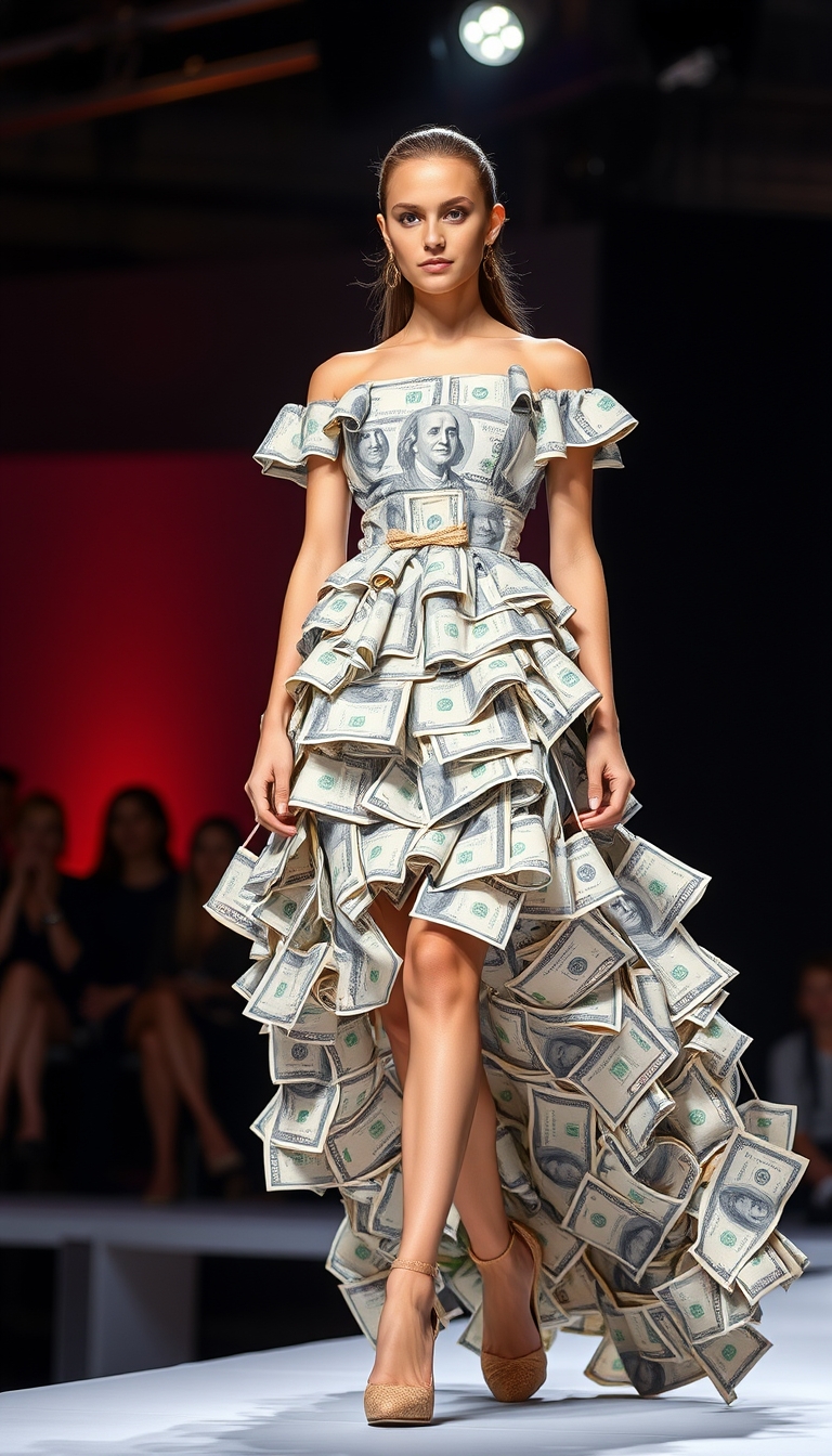 Fashion stage, a beautiful young woman wearing a haute couture dress made of paper money banknotes. - Image