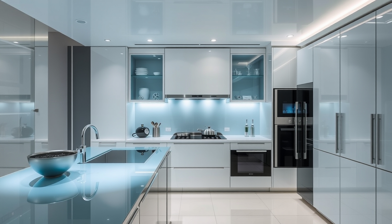 A sleek, modern kitchen with glass countertops and futuristic appliances.