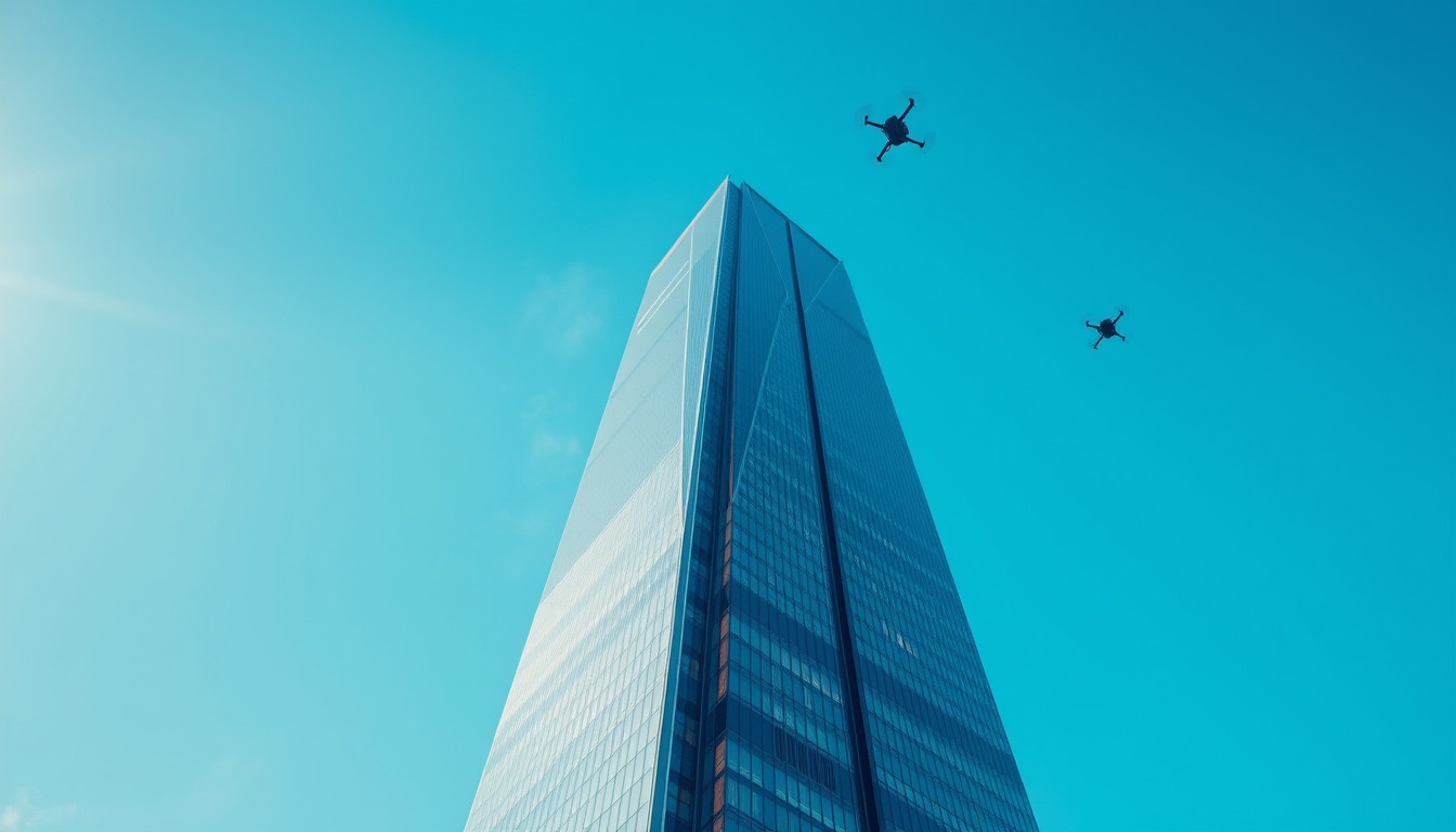 A towering skyscraper with sleek, reflective surfaces and innovative design elements, set against a clear blue sky with flying drones in the distance. - Image