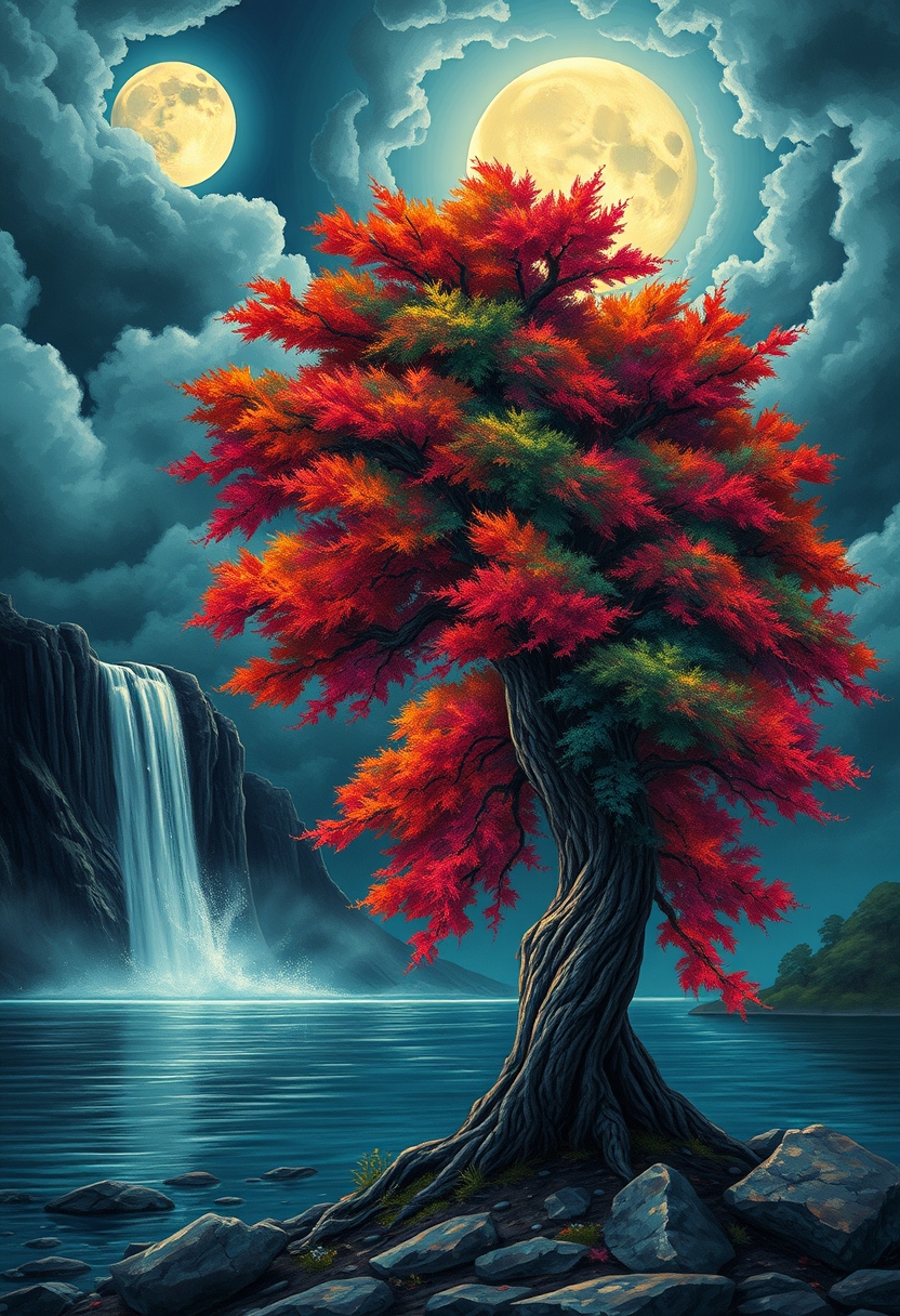 (masterpiece), (best quality), (ultra-detailed), darkness, illustration, A vibrant, colorful tree stands by the edge of a serene lake, its vivid hues contrasting starkly with the foreboding atmosphere. In the background, a waterfall cascades down jagged rocks, the water glistening in the moonlight. Thick, swirling clouds loom overhead, adding to the sense of an evil presence. The moonlight filters through the clouds, casting an otherworldly glow over the scene. The air is thick with mysticism, as if the very night holds ancient secrets and dark magic. disheveled hair, detailed eyes, perfect composition, moist skin, intricate details, earrings, darkness, very detailed, intricate, perfect light, sharp focus, burning background, cool colors, ambient, elegant, highly decorated, deep aesthetic, colorful, magic, mystical, scenic, warm bright, vibrant, unique, best, winning, thought, smart, beautiful, dramatic, artistic, illuminated, scientific, color, romantic, rich, surreal, epic, symmetry. - Image