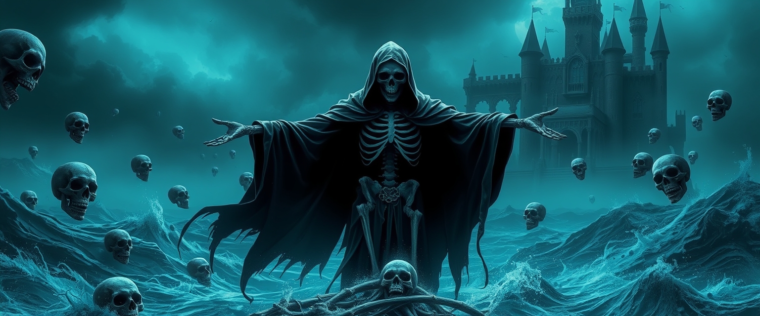 A skeletal Grim Reaper in a tattered black cloak stands amidst a stormy sea, arms outstretched, surrounded by floating skulls. A gothic necromancer's castle looms in the background. Dark, ethereal, and ominous atmosphere, digital art, teal tones.