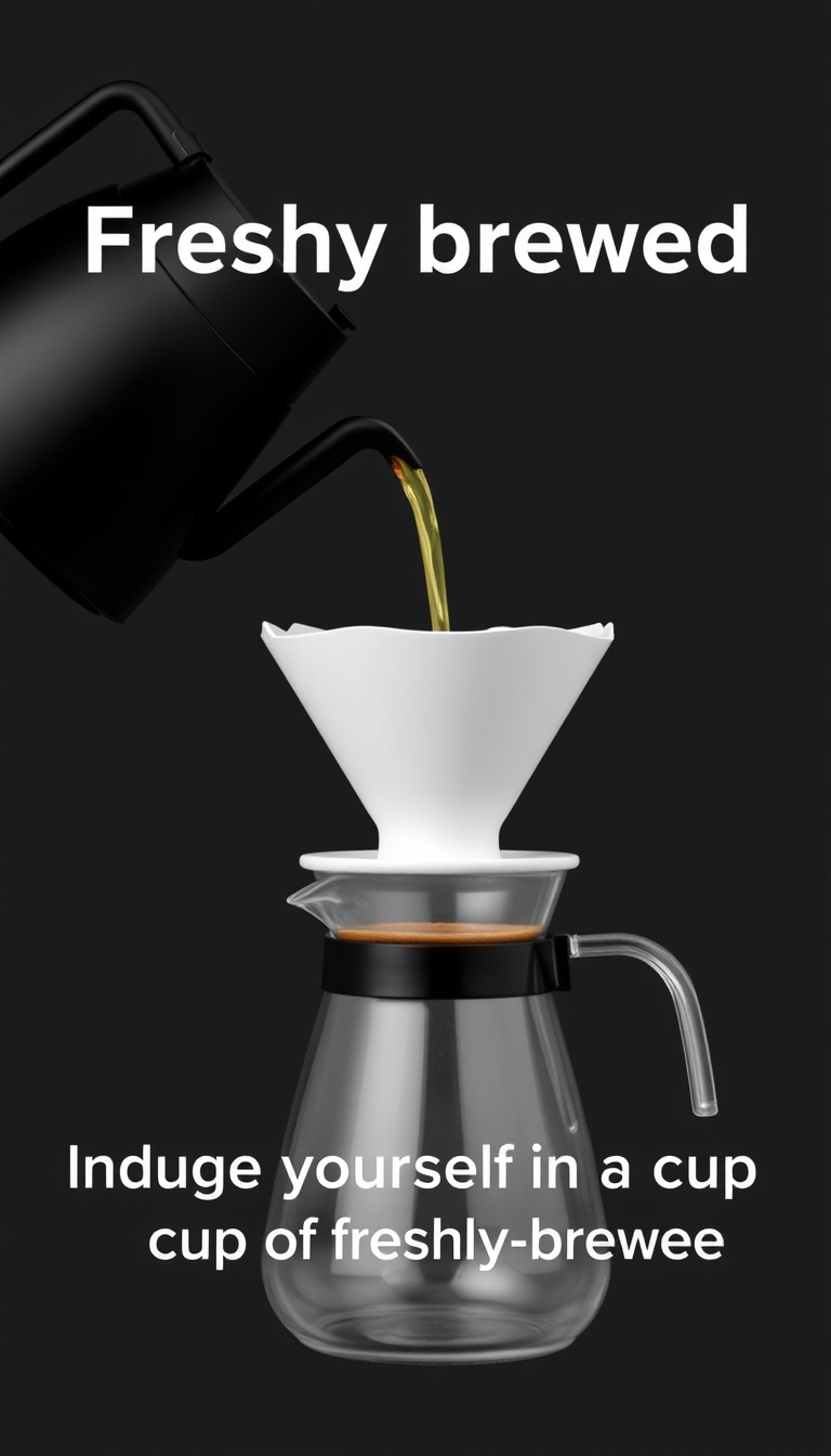 A black kettle pouring into a white dripper over a glass carafe, text "Freshly brewed" and "Indulge yourself in a cup of freshly-brewed coffee", minimalist design.