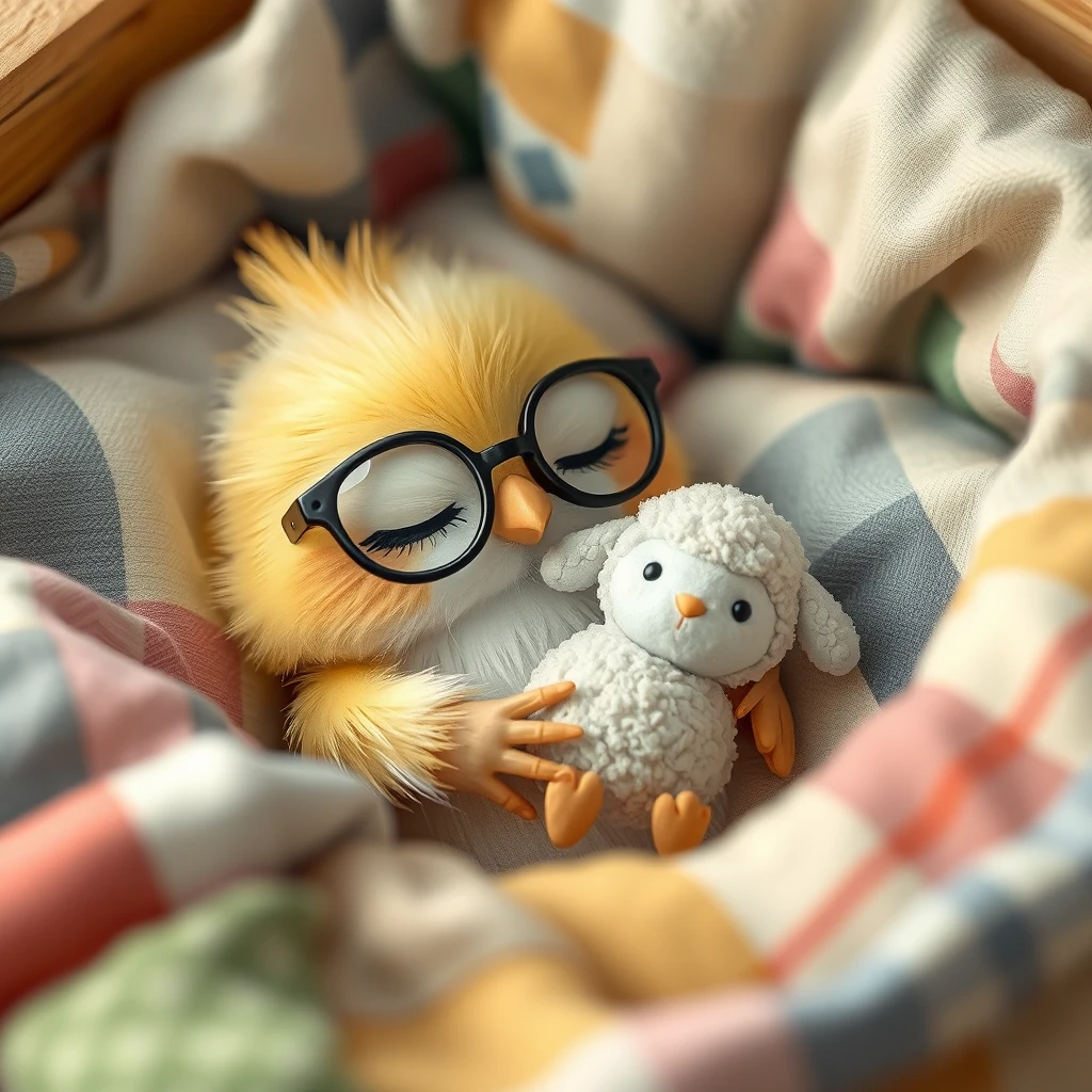 Sweet Kawaii little bird with glasses sleeping in its cozy bed with patchwork blankets, hugging a tiny cute plush sheep.