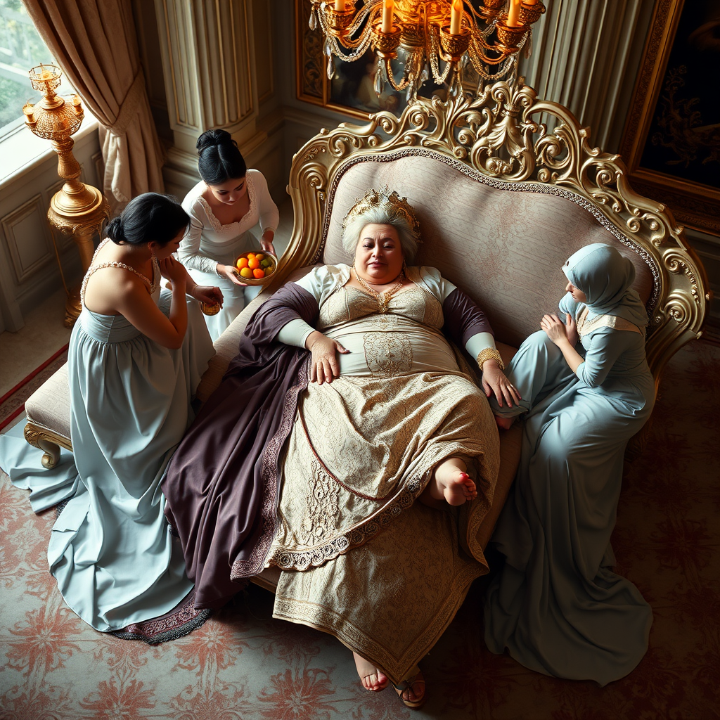 The plump queen sprawled on the luxurious and exquisite lounger, while some palace maids massaged her back, some fed her fruits, some did her nails, and some pampered her feet. - Image