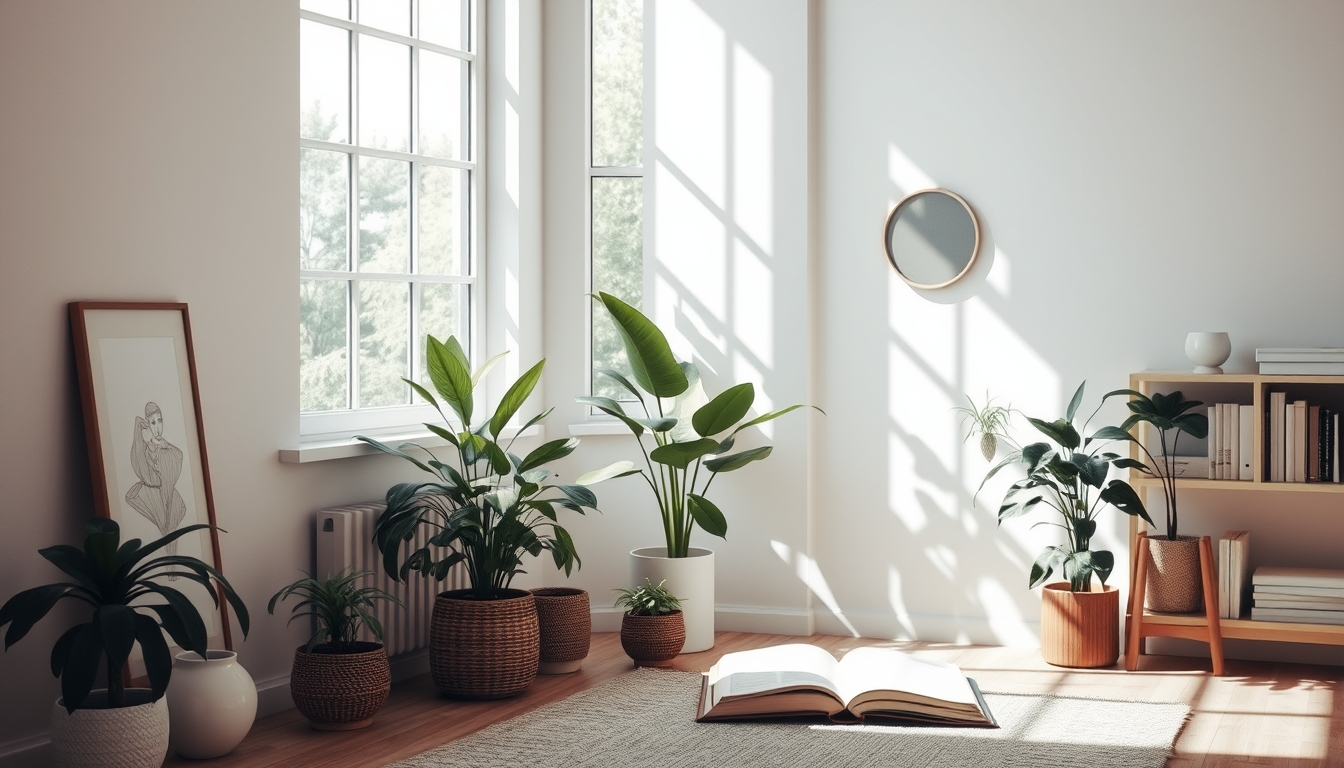 A serene interior space with natural light streaming in, featuring minimalistic decor, indoor plants, and a cozy reading nook. - Image