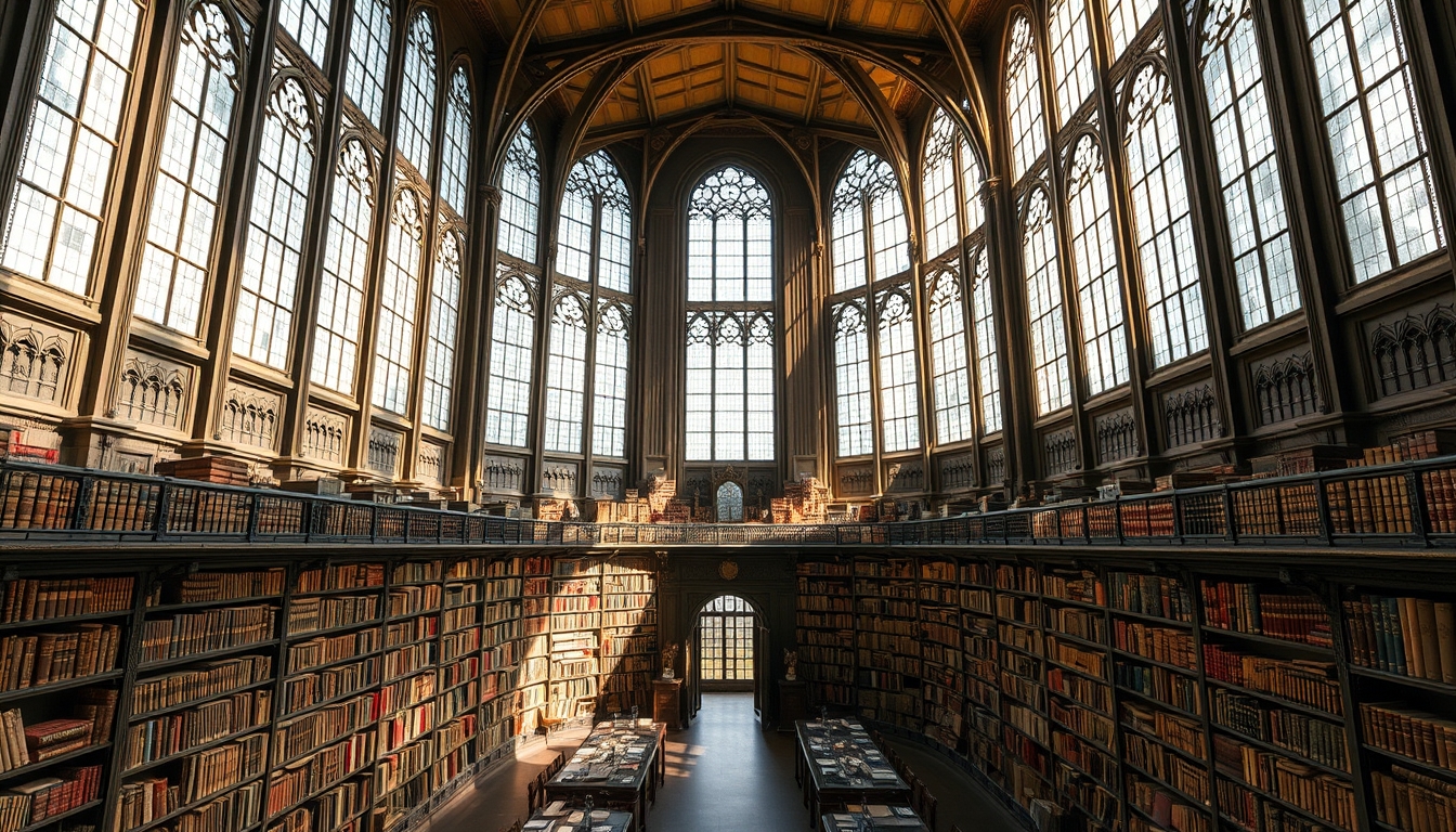 A grand library with tall glass windows and shelves filled with ancient books.