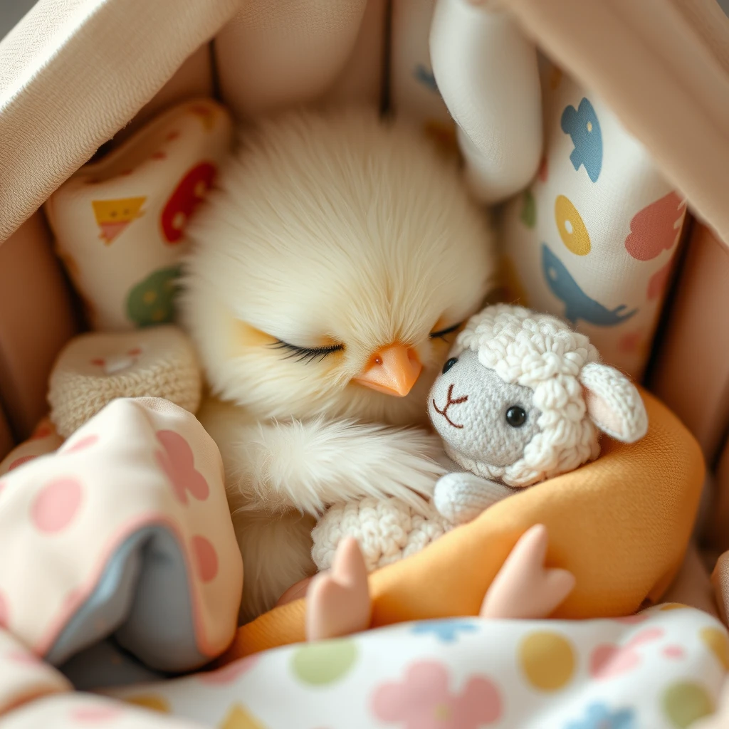 Sweet delicate little Kawaii chick with a small rounded beak, sleeping in its adorable little bed with playful details, under patchwork blankets, cuddling a tiny cute plush sheep. - Image