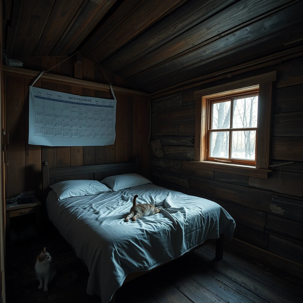 In a dilapidated wooden cabin, there is a bed, and one wall of the room has a calendar hanging on it, while there is a cat in the room. Note that the cabin has a window.