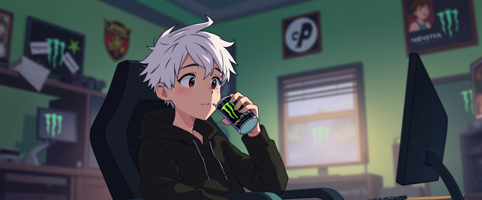 Animated gamer room with a boy with white hair and a black hoodie sitting in a gamer chair while drinking a Monster energy.