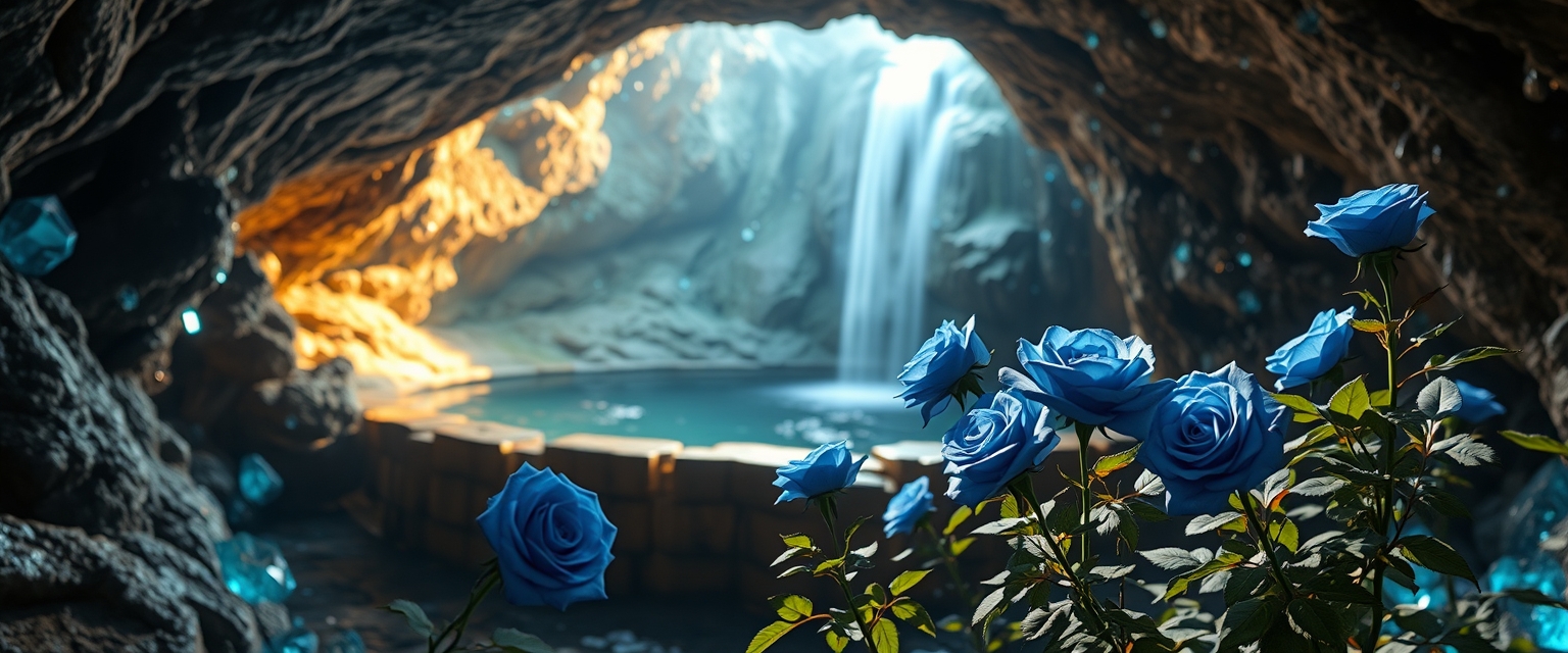 (Award-winning photo) of a cave surrounded by gemstones. In the distance, you can see a water basin with a waterfall. Blue roses grow by the basin. The light from the gemstones that decorate the wall falls on the water and casts shadows on the rose petals. The atmosphere of the picture is magical and warm, masterpiece, best quality, high quality, absurd resolution, insanely absurd resolution, detailed background, very aesthetic, ray tracing, volumetric lighting, 8K UHD HDR, cinematic, epic, (photo (medium), realistic:1.2), sharp focus, by ideogram. - Image