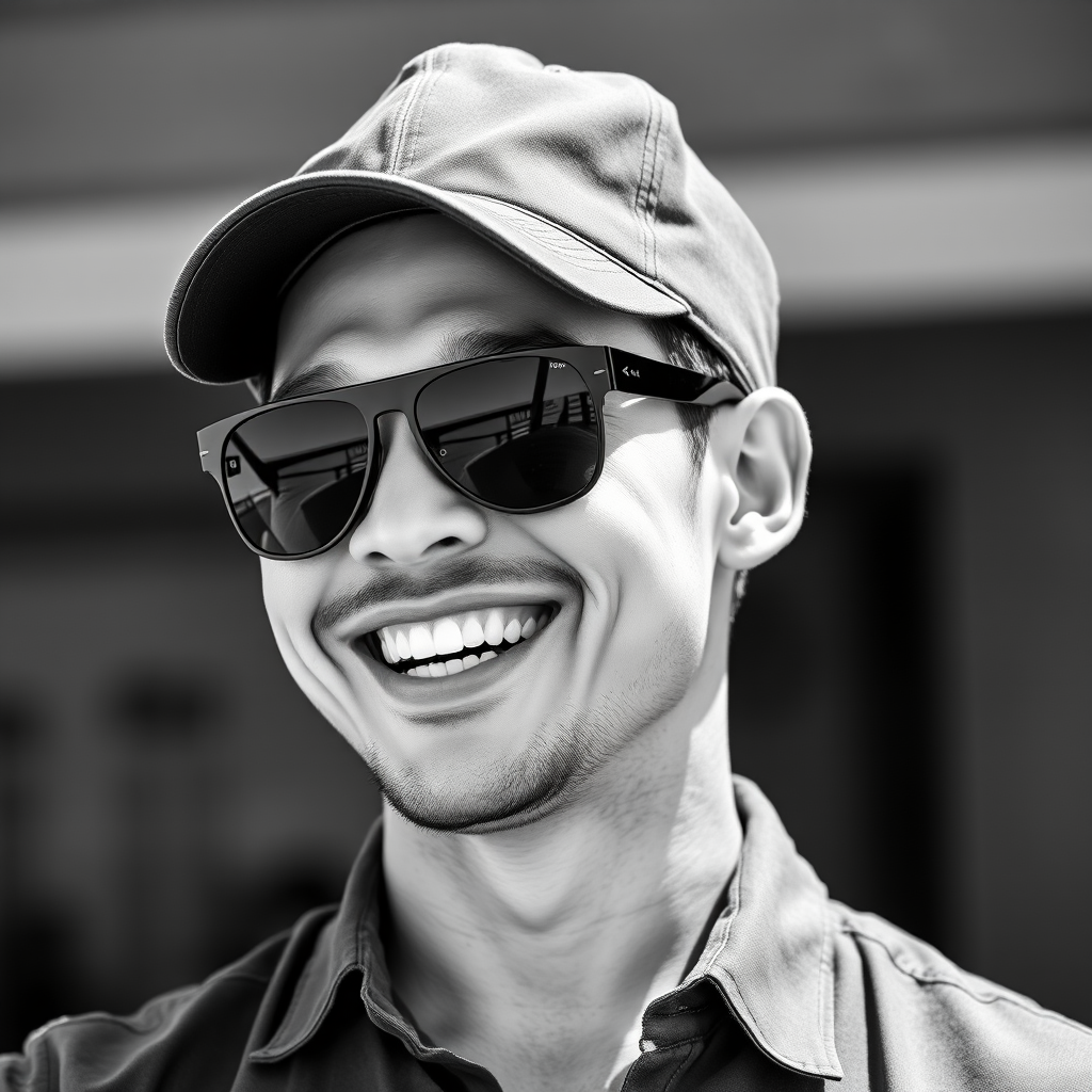 "A cool black-and-white picture of a man around 35 years old, wearing a baseball cap, Asian, sporting black aviator sunglasses, a bit of stubble, a tough guy look, a shirt, with a full and defined face, a strong physique, clean and fresh skin, laughing heartily after winning."