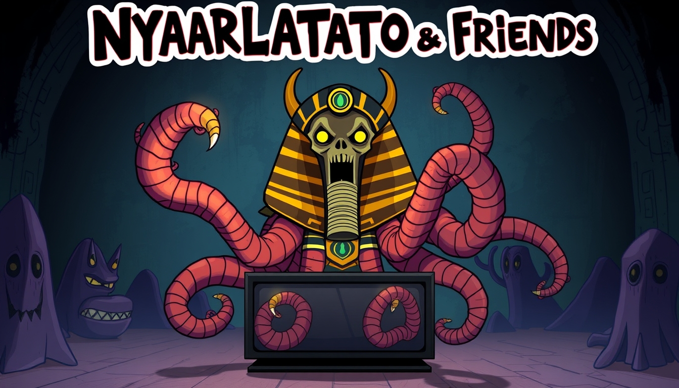 Poster for a horror TV show for kids called "Nyarlathotep & Friends" about an Egyptian god with tentacles.