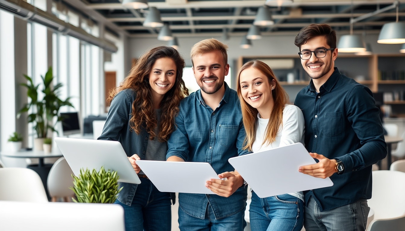 Photo of successful, joyful, cheerful young people working together in an office company workspace indoors. - Image