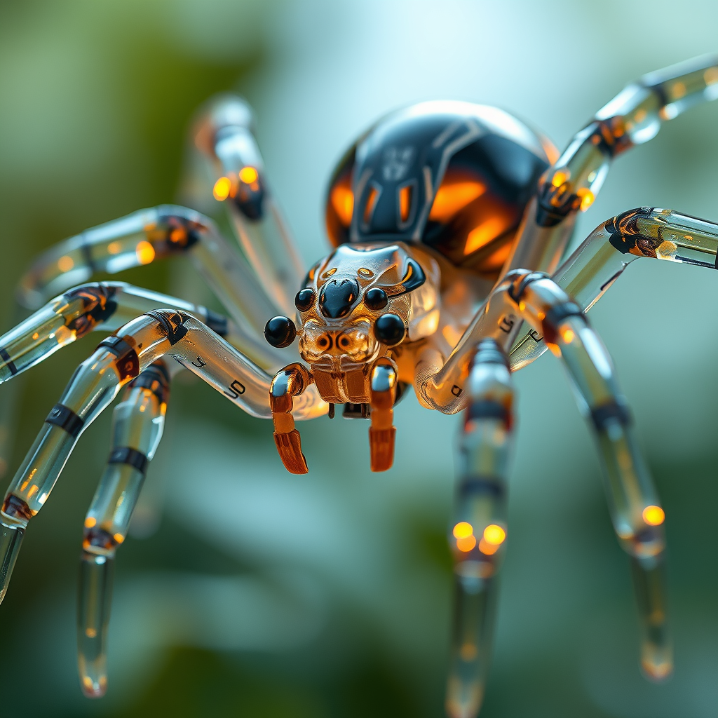 Robotic transparent spider, close-up, 8k