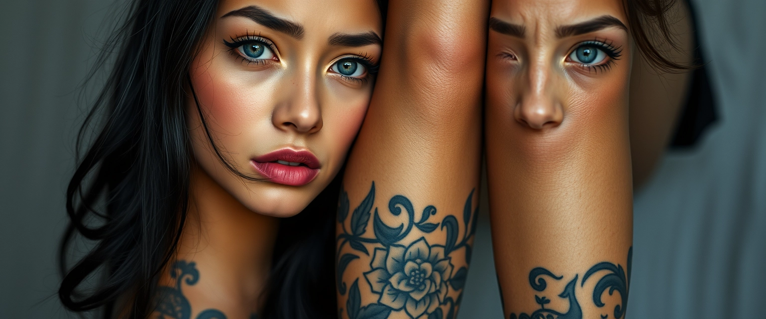 Close-up shot of the legs of two fair-skinned, beautiful Indian-Korean women with striking facial features and mesmerizing gray eyes, both having their whole bodies heavily tattooed and displaying crying expressions.