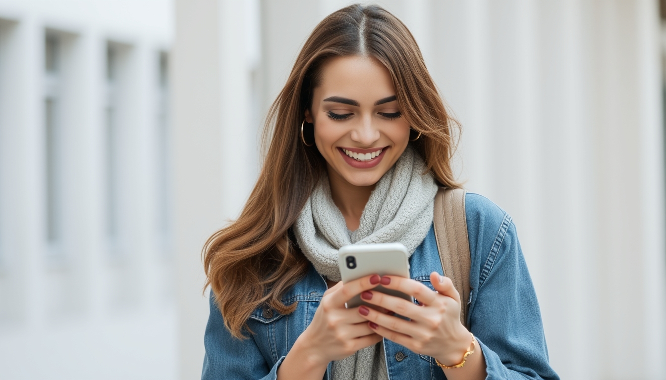 A woman is happily smiling while playing on her mobile phone. - Image