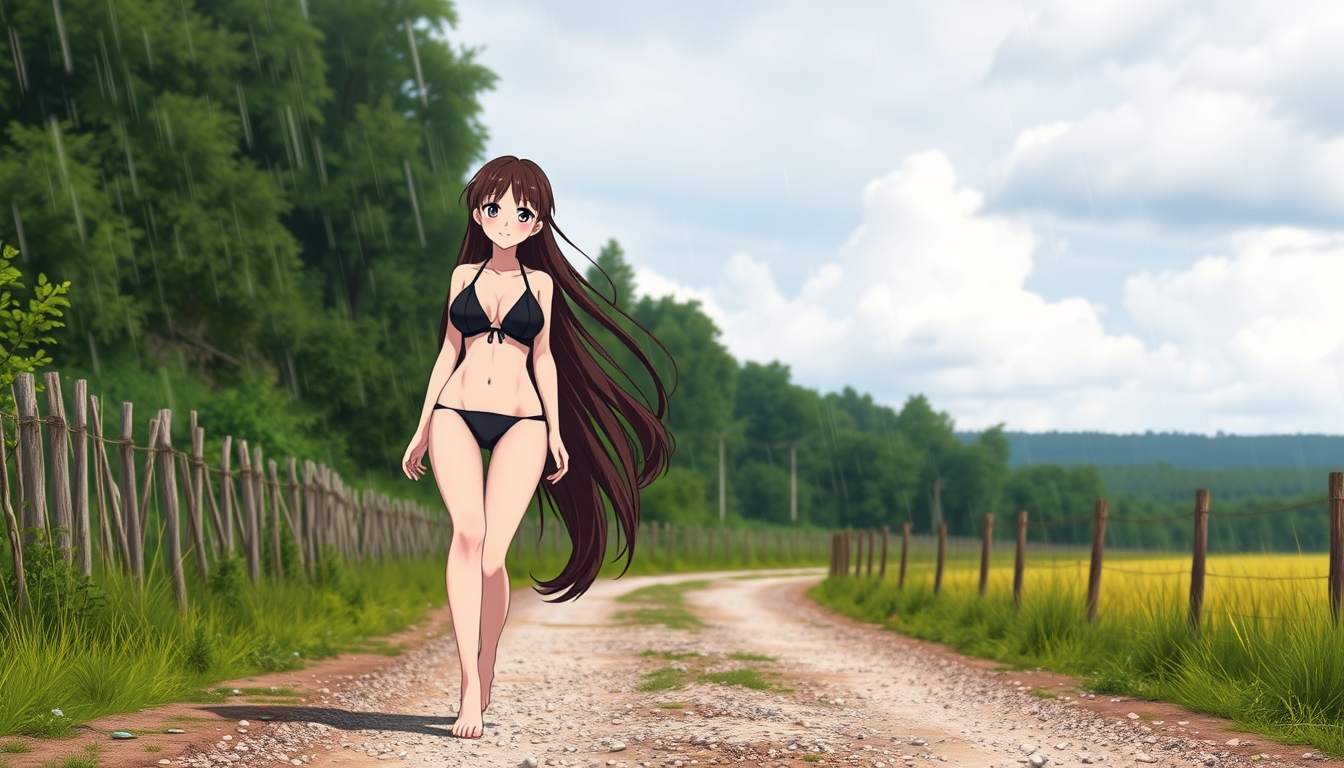 Anime style, a beautiful brunette girl with long hair wearing a black bikini walking barefoot on a gravel rainy country road, smiling, with a model body type. - Image