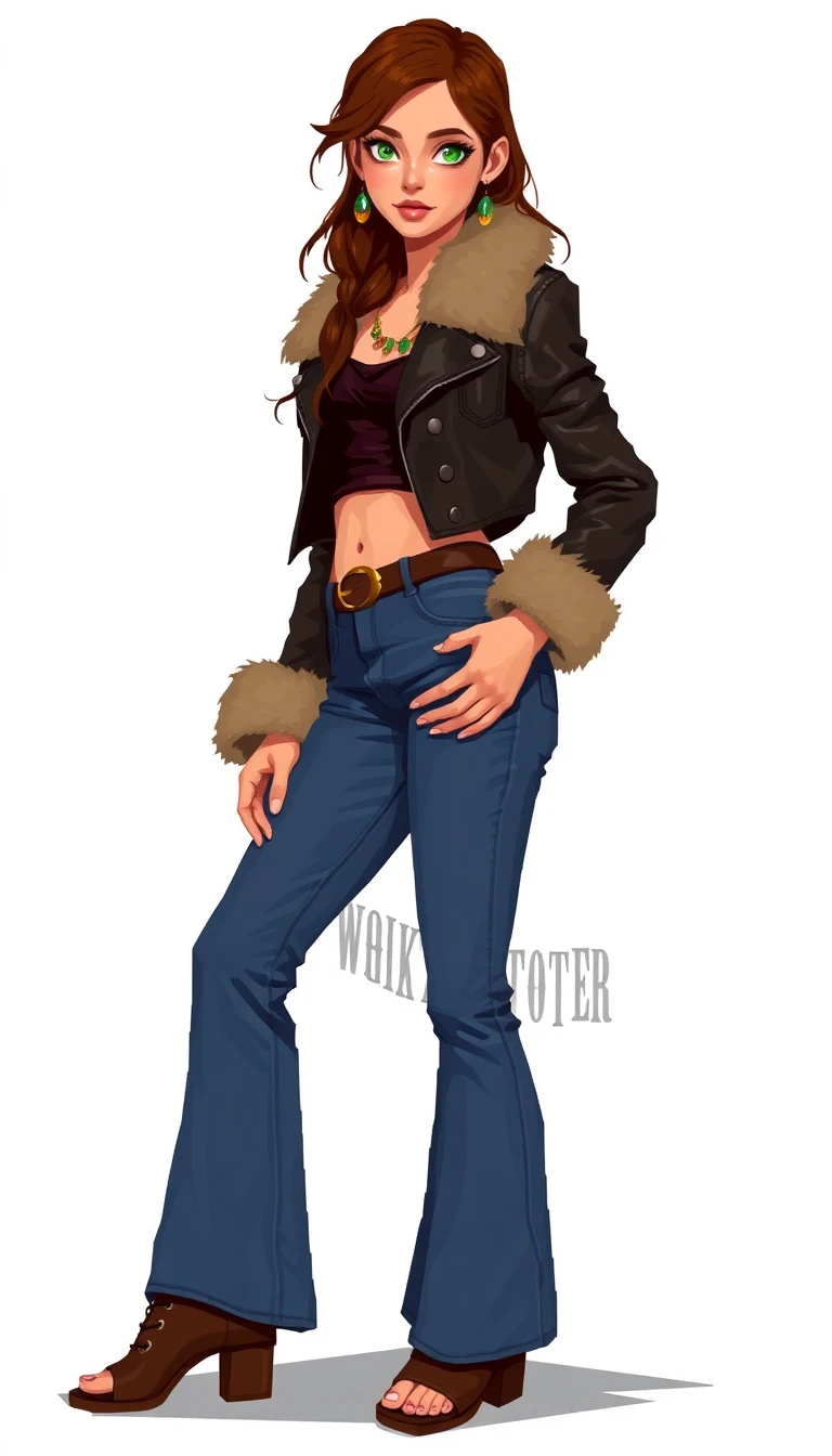 Exaggerated Pixel Art, white background, young hippie woman, standing sideways, slim body, green eyes, dressed in bell bottoms jeans, belt, golden buckle, navel, crop fitted leather jacket, fur collar and cuffs, open toe boots, toes, earrings.