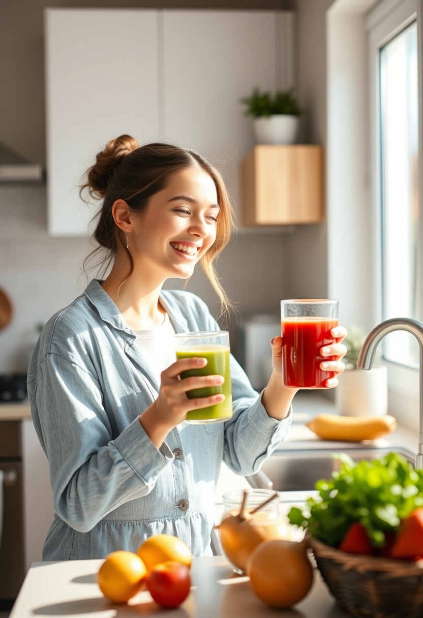 Happy young woman preparing a healthy smoothie in a bright kitchen reflecting the energy and freshness of a sunny morning. - Image