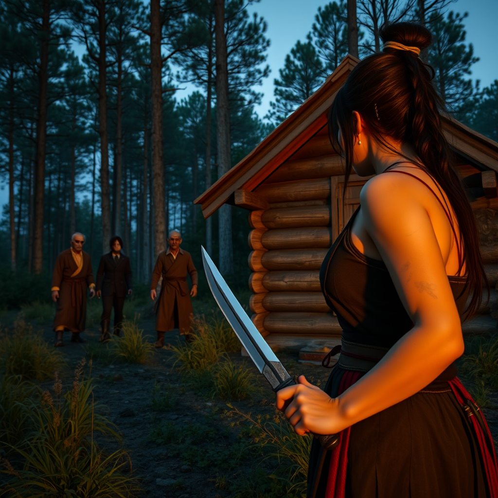 Real-life photography, long shot: In the evening, in the forest, there is a wooden cabin, and not far away, a female barbarian is holding a dagger, looking at two zombies in the distance. The zombies are dressed. There are Chinese or Japanese characters.