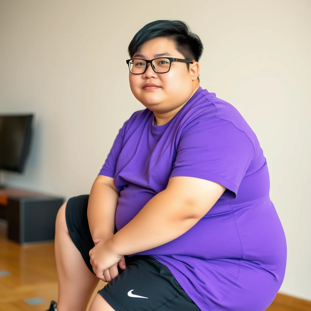 110kg fat Chinese boy, 20 years old, high school student, wearing black glasses, with very small eyes and a short little curve of black hair, dressed in a purple t-shirt and black shorts, Nike sneakers. - Image