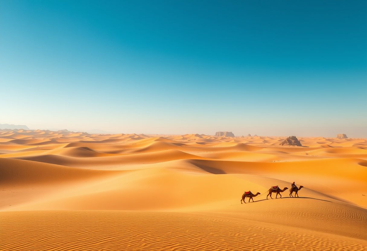 Vast, arid desert, golden sand dunes, endless horizons, high quality, photorealistic, tranquil, remote, camel caravan, nomadic, breathtaking, clear blue sky, oasis, solitude::1.2 cacti, desert flowers, rugged rock formations, starry nights, sandstorms, ancient ruins, dune bashing.