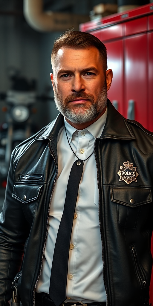 A high-resolution portrait of a muscular, bearded 60-year-old male police officer in a dimly lit garage. He wears a tight black leather jacket with police insignia, over a white shirt and black tie. His serious expression contrasts with blurred red metal cabinets and a motorcycle in the background, enhancing the industrial atmosphere. - Image