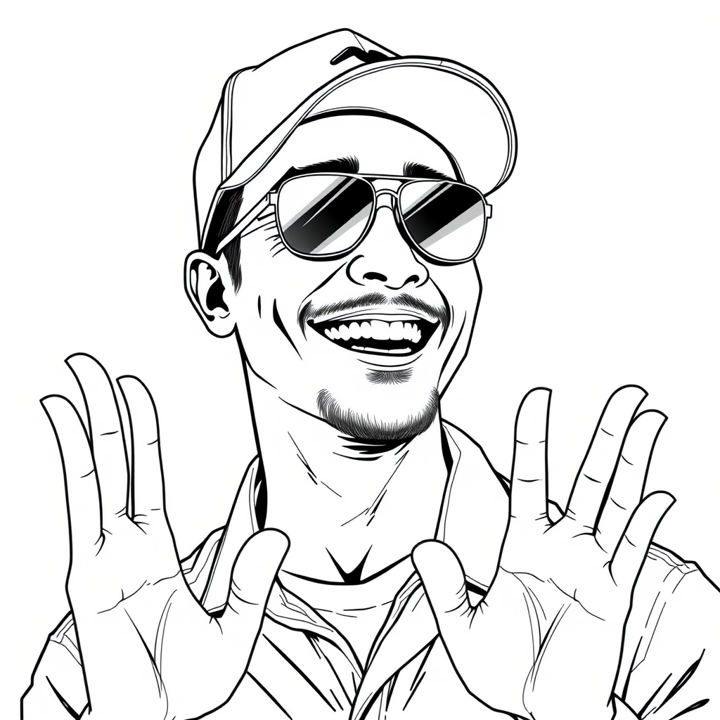 A cool black and white line drawing of a man around 35 years old, half-body view, wearing a baseball cap, Asian, with aviator sunglasses, a bit of stubble, a tough guy, in a shirt, with a full face and defined features, a strong build, clean and fresh skin, laughing joyfully after winning, waving hello (close-up).