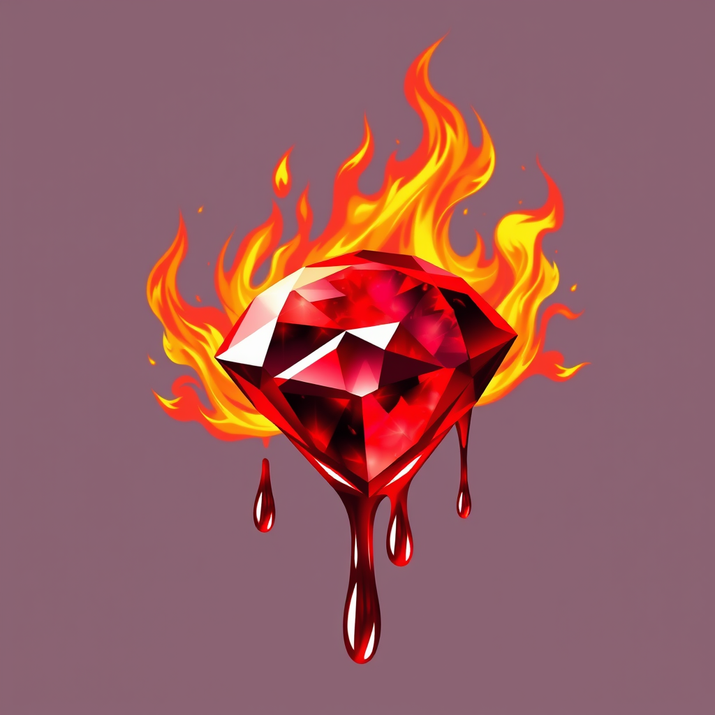 A tee shirt design of a beautiful ruby on fire with beautiful liquid red ruby dripping with flames. Striking and otherworldly on a transparent background. - Image