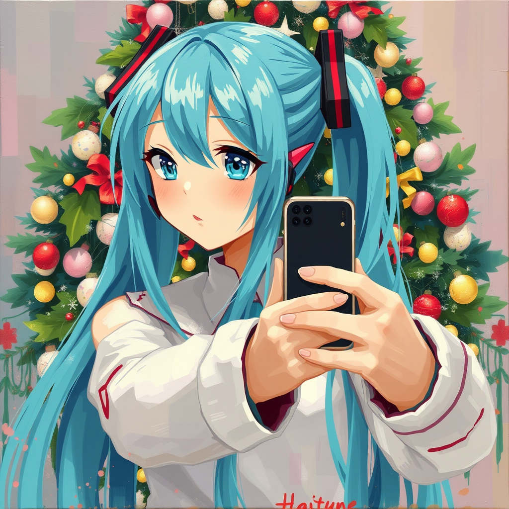 Abstract oil painting of Hatsune Miku taking a selfie in front of a Christmas tree, with splashes of pastel colors.