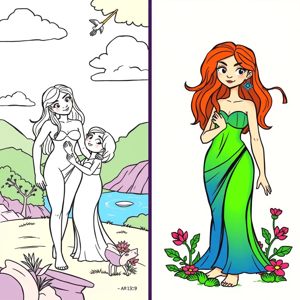 "<Adam and Eve> a coloring book page, cartoon style, thick lines, low details, no shading. On the right, the same illustration with vivid color. --ar 13:9" - Image