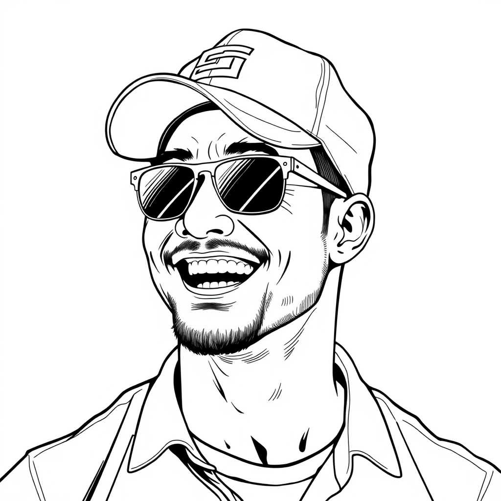 A cool black and white line drawing of a man in his mid-thirties, wearing a baseball cap, Asian, with military-style black sunglasses, a bit of facial hair, a tough guy, a shirt, a full and defined face, a strong physique, clean and fresh skin, laughing heartily in joy after winning a victory.