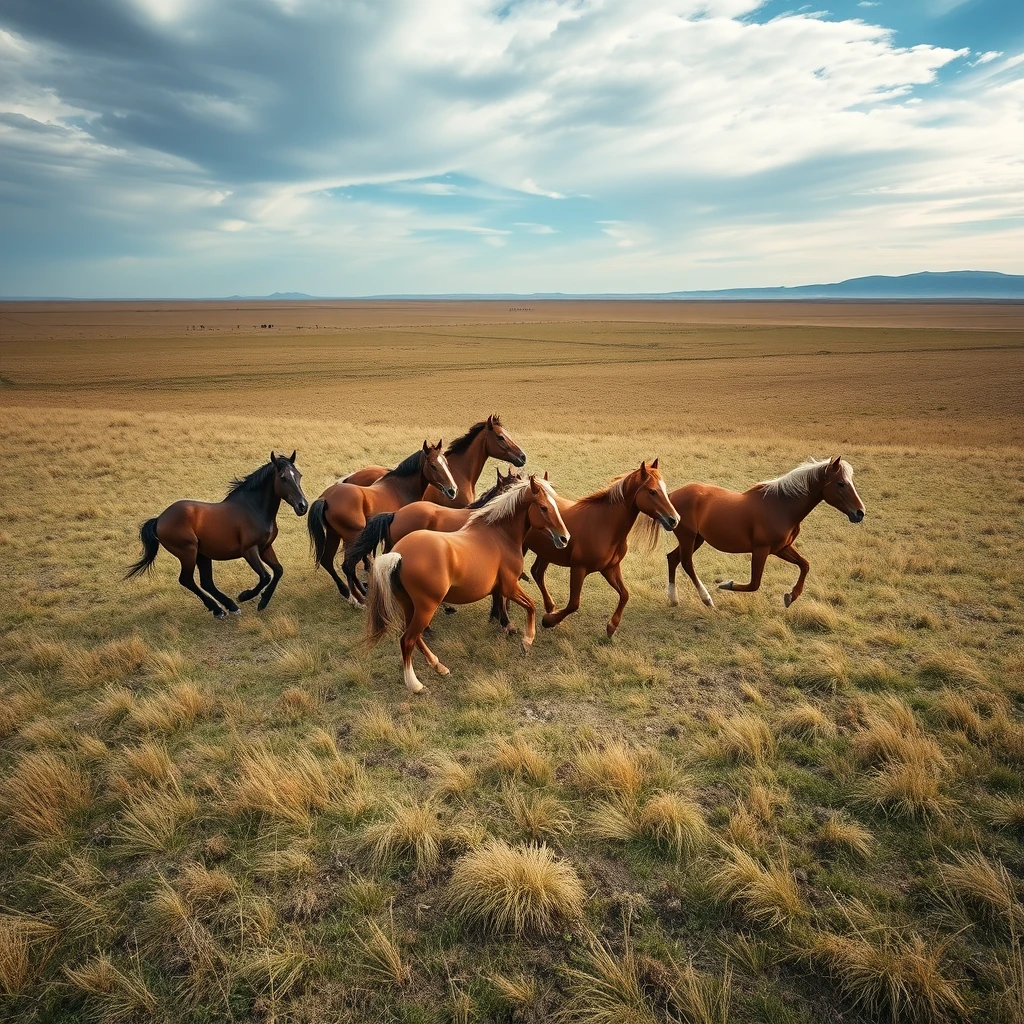 aerial view, wild horses [DIAGONALLY] galloping through an open field,