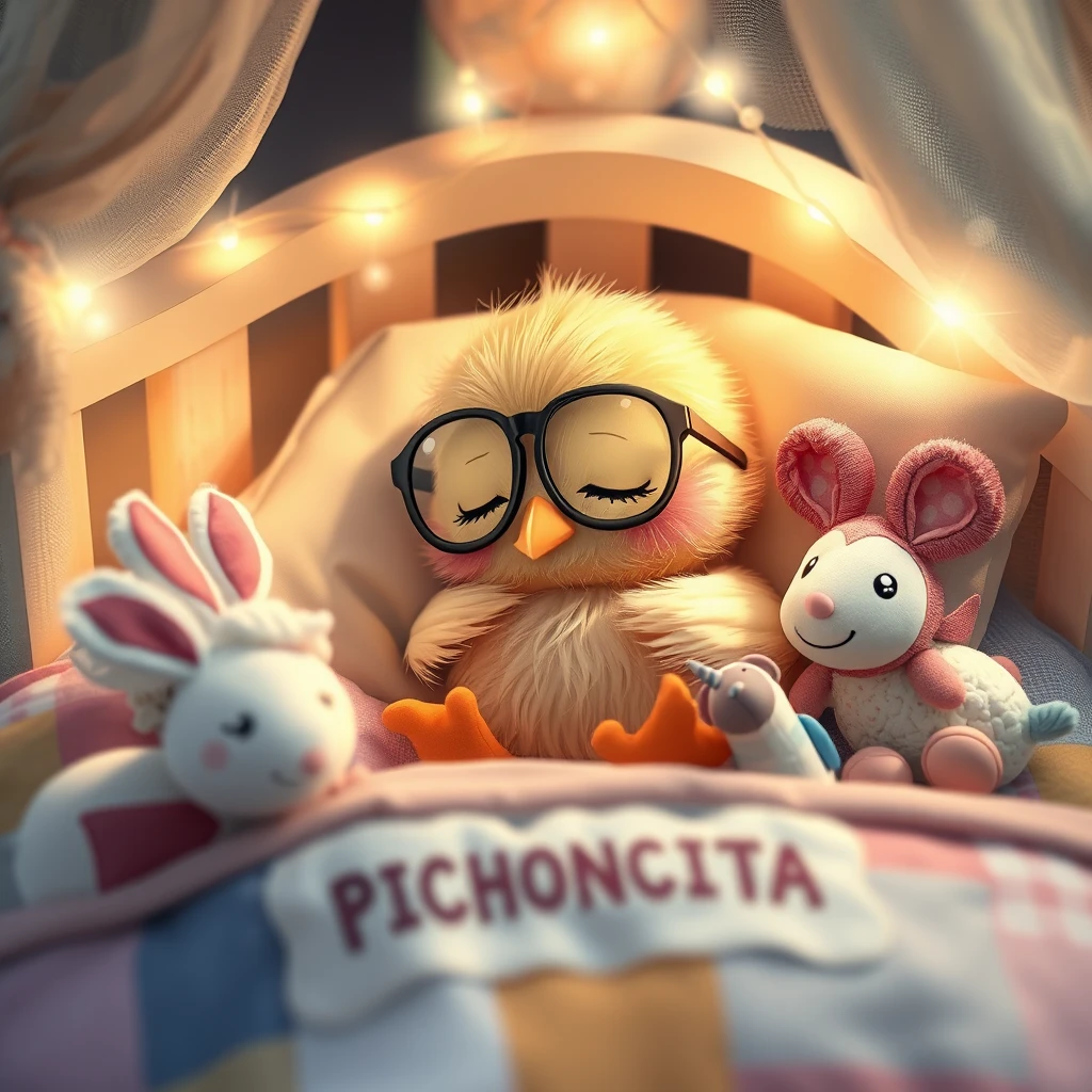 It's night. A sweet, delicate, soft, tender, fragile Kawaii chick, wearing glasses, rests its head on the pillow, deeply asleep in its precious little bed with tiny bells, flying, soft colored lights, childhood details with the name PICHONCITA written on it, surrounded by patchwork blankets and accompanied by cheerful colorful bunny, little sheep, unicorn, and plush mouse. Photograph.