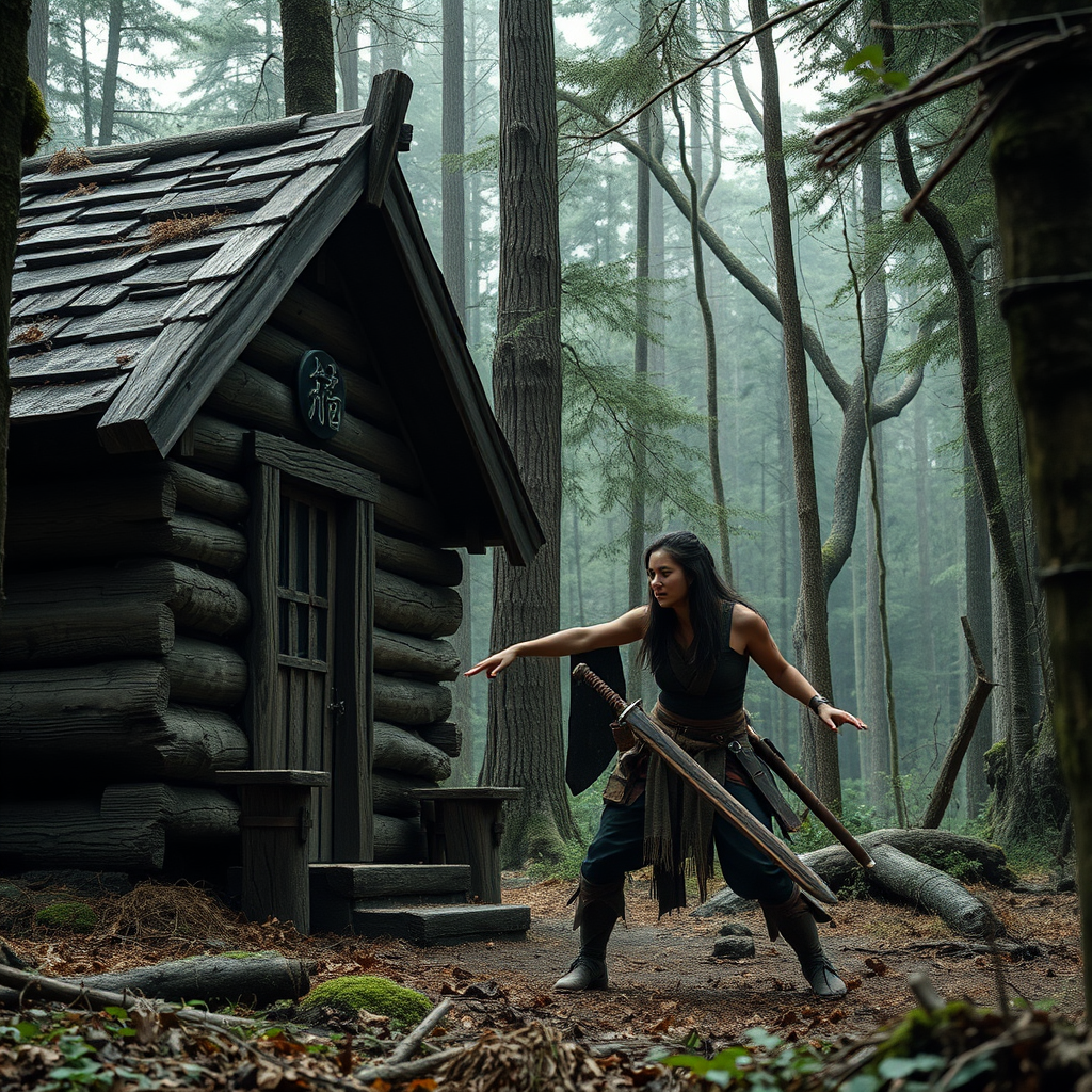 Real-life photography: In the forest, a female barbarian encounters danger next to a wooden cabin. There are Chinese characters or Japanese characters. - Image