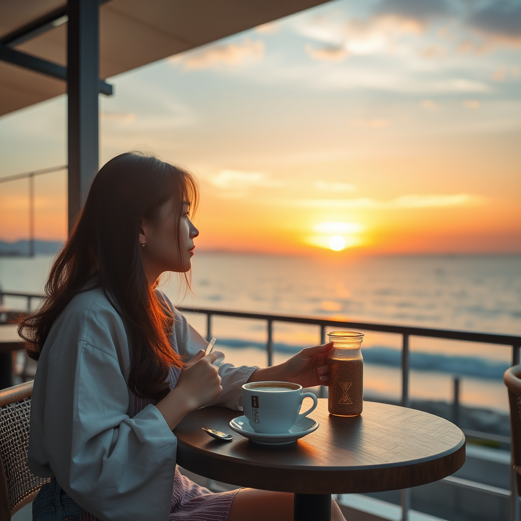 ☕ **Sunset Coffee**: "Korean Young Woman at seaside café, aromatic coffee, watching sunset, sea and sky merging, tranquility, photorealistic style"