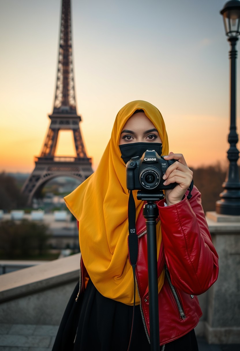 Biggest hijab yellow Muslim girl, beautiful eyes, face mask black, red leather jacket, big black skirt, DSLR CANON camera, tripod, taking photo of the Eiffel Tower, sunrise, morning scenery, Eiffel Tower, hyper-realistic, street photography.