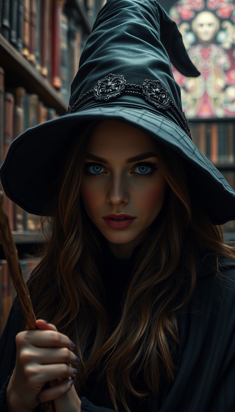 Ultra Closeup photo of a beautiful witch in a dark library