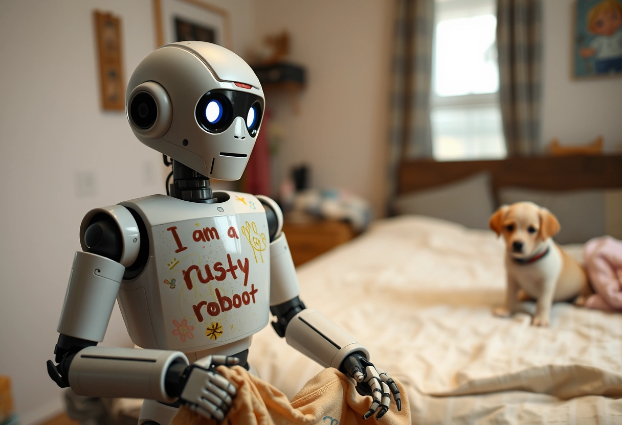 In the distance, a robot with a child's doodle on its chest saying "I am a rusty robot" is folding clothes in the bedroom. In the background, a child is playing with a puppy. - Image